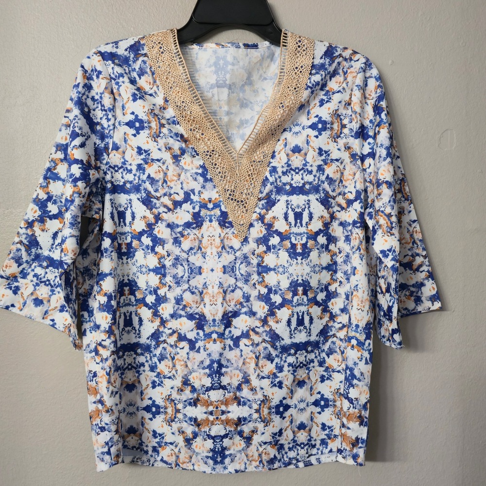 Womens Blue Orange Abstract Print V-Neck Crochet Lace Trim 3/4 Sleeve Blouse S